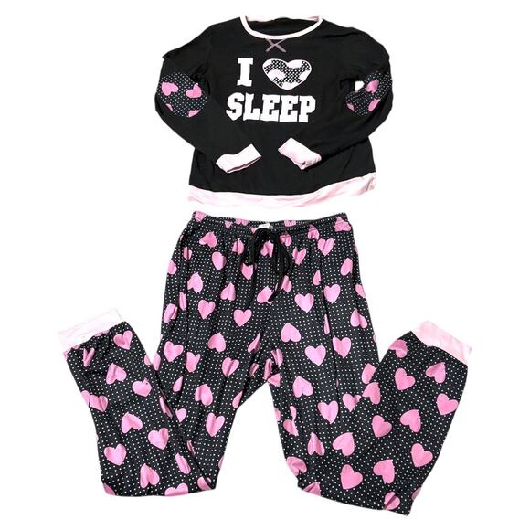 I Love Sleep Pajama Set - Long Sleeve Elbow Patch Top & Heart Dot Pants - Medium - Picture 3 of 16